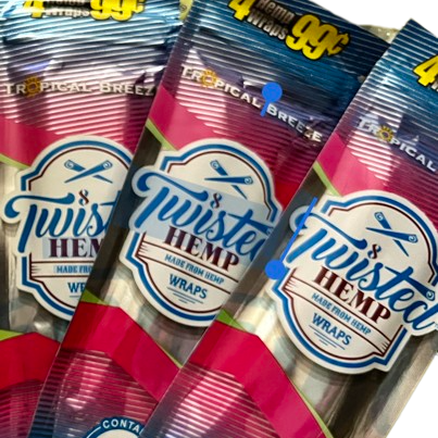 Packaged Twisted Hemp wraps with visible branding on a white background